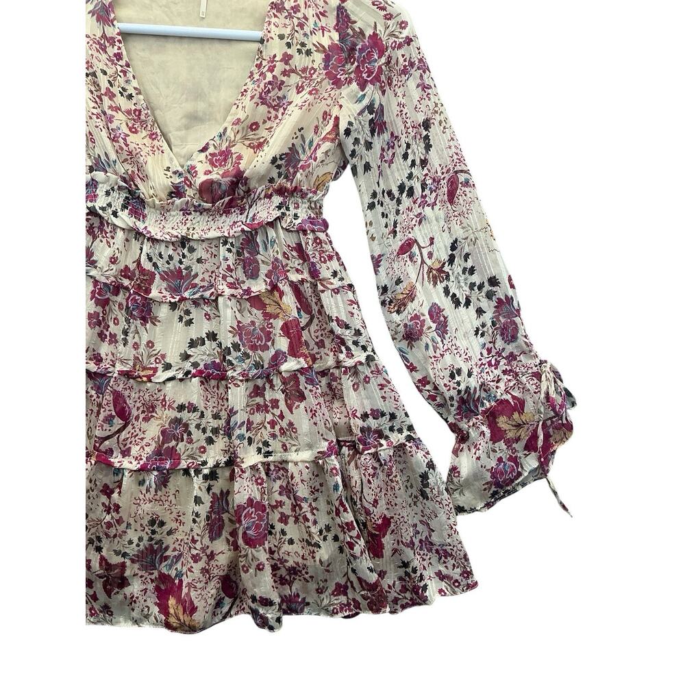 Free People Boho Floral Tiered Mini Dress Smocked Long Sleeve Ruffle V Neck XS - Picture 3 of 15
